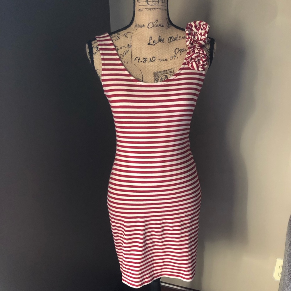 XHILERATION cream and red striped dress